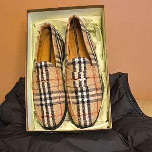 Burberry Beige Plaid Penny Loafers with Black & Red Accents